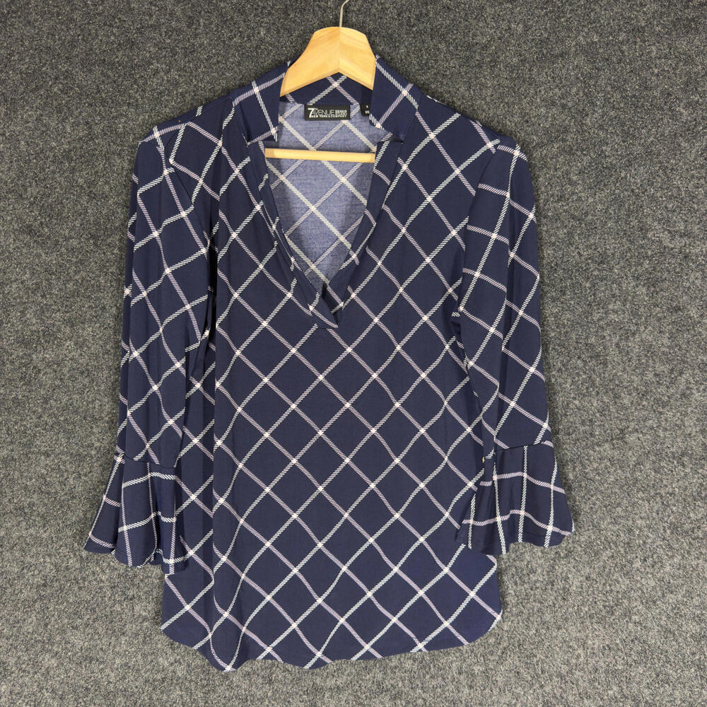 7th Avenue Blouse Women S Small Blue Geometric Collared Long Sleeve Casual
